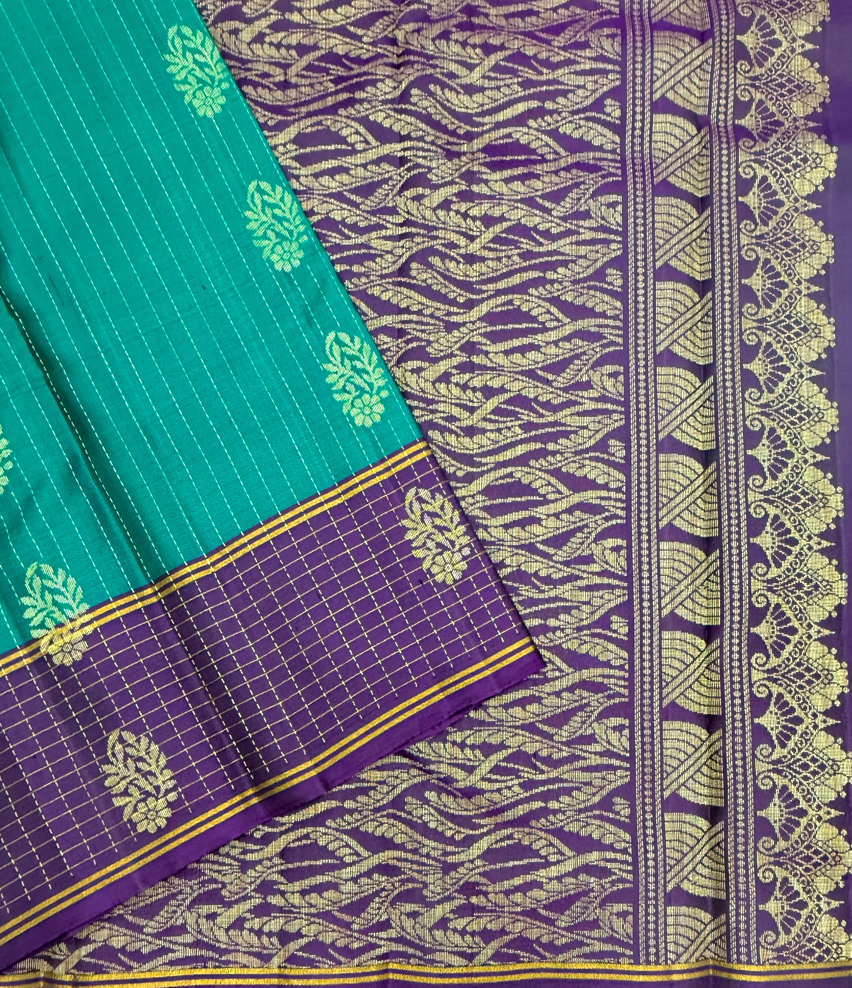 VSF1048 - peacock blue color body , violet color pallu,blouse - Pure silk saree