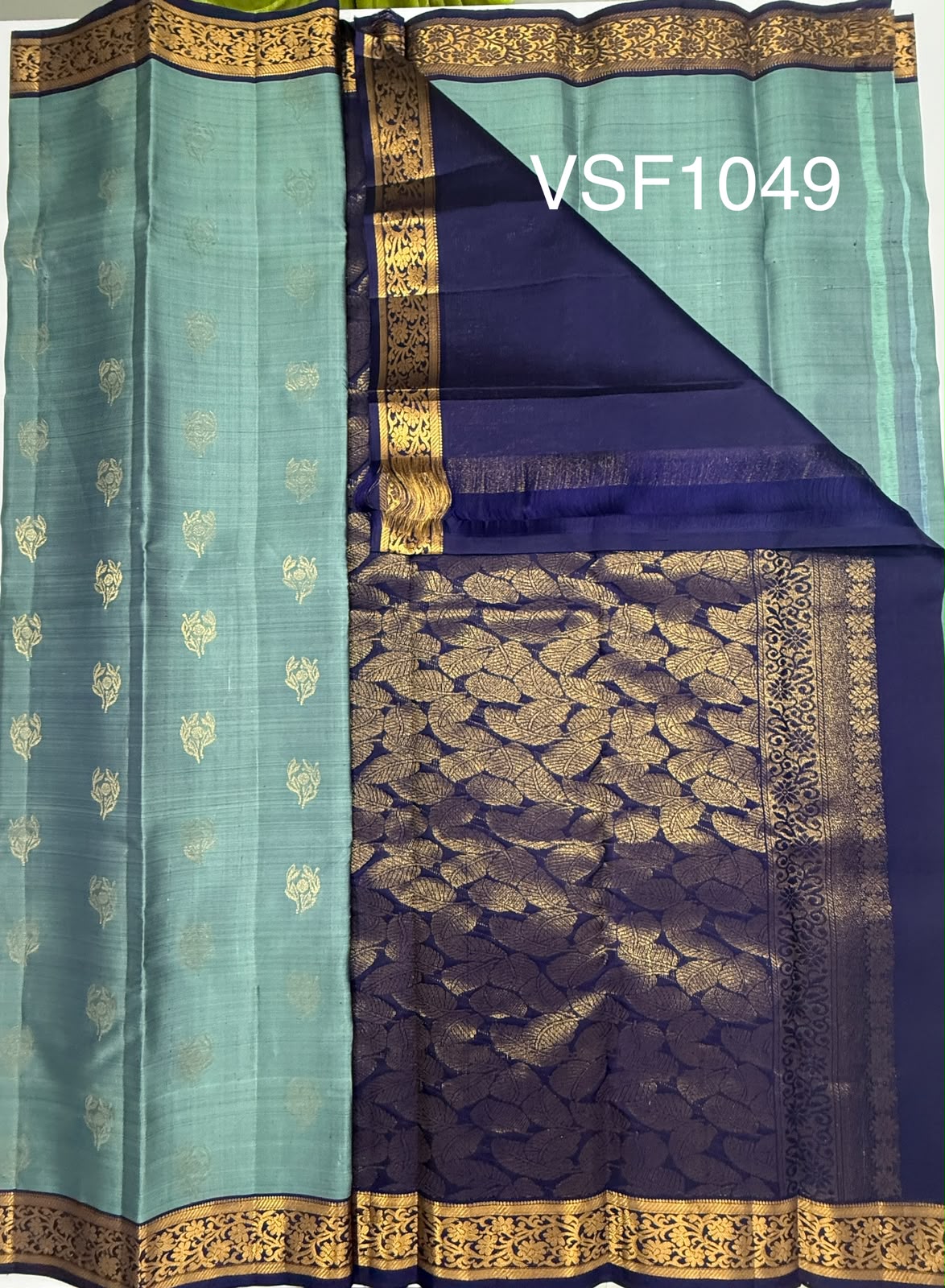 VSF1049 - pastel blue color body , navy blue color pallu,blouse - Pure silk saree