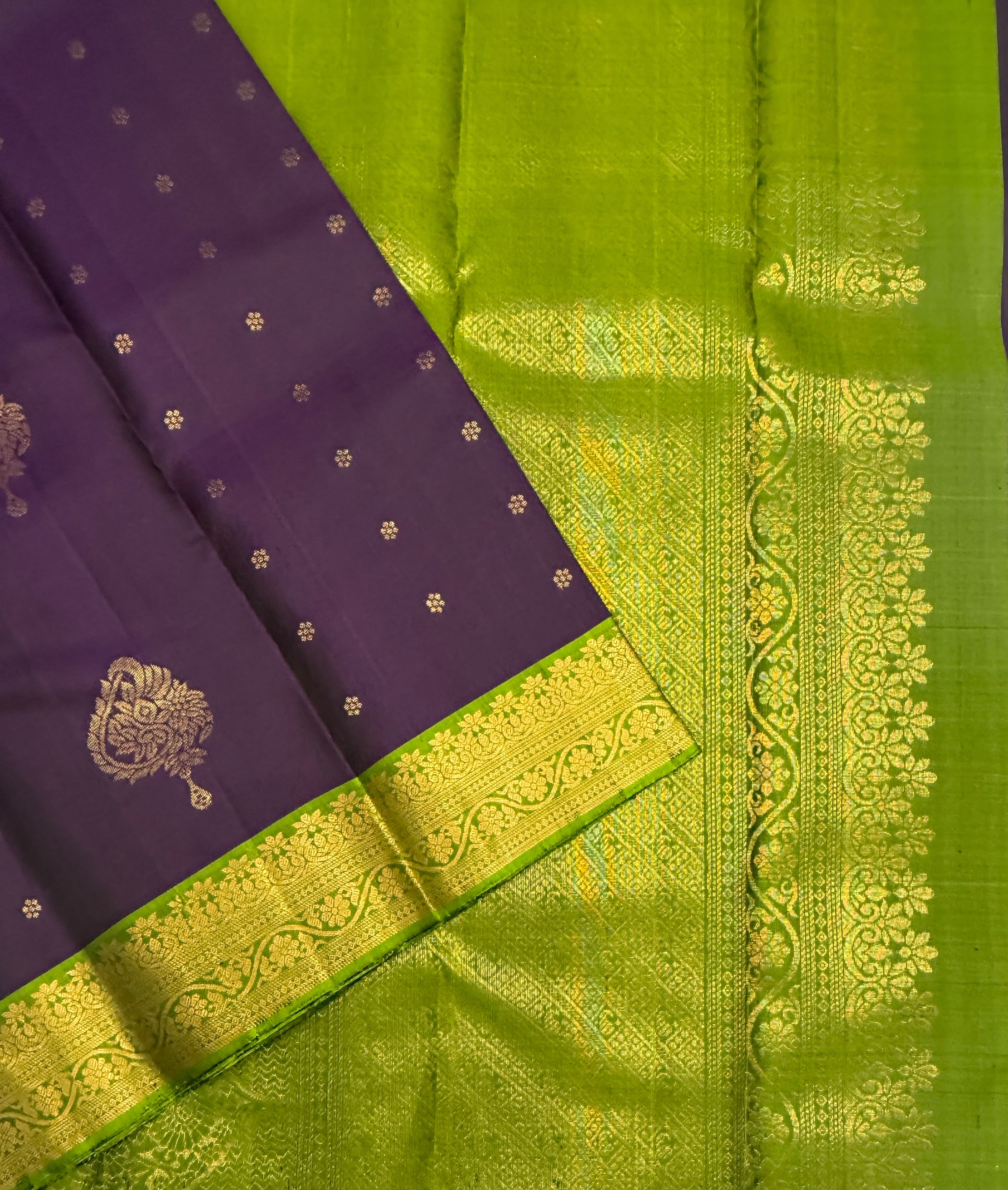 VSF1051 - violet color body , green color pallu,blouse - Pure silk saree