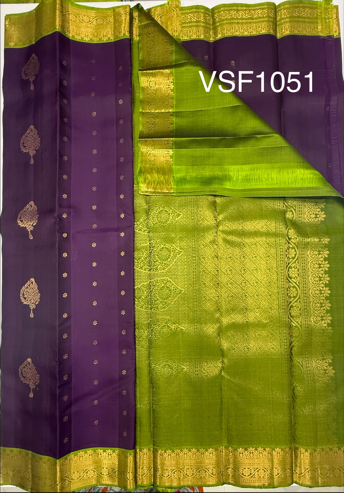 VSF1051 - violet color body , green color pallu,blouse - Pure silk saree