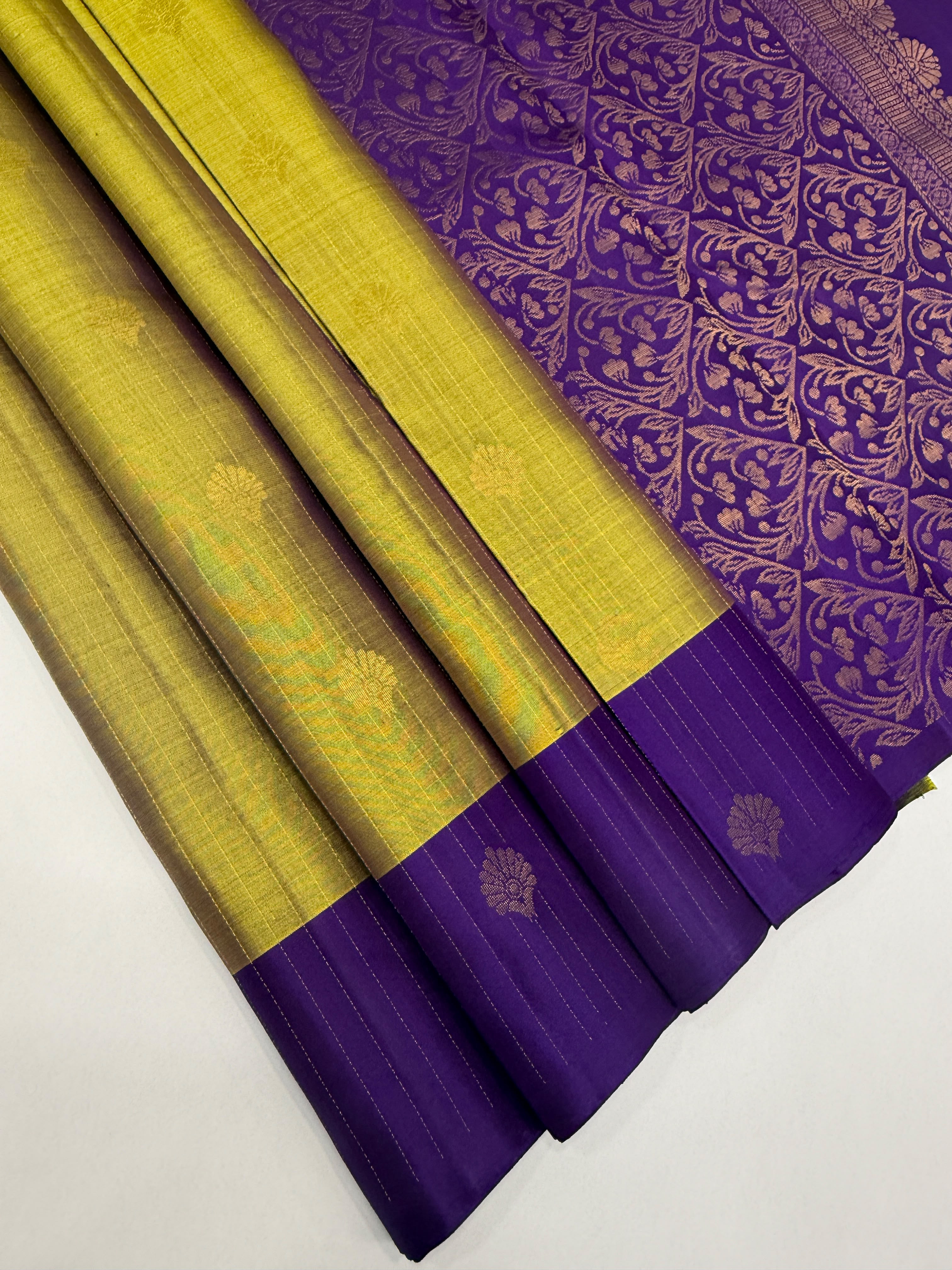 VSF1052 - yellow with green color body , violet color pallu,blouse - Pure silk saree