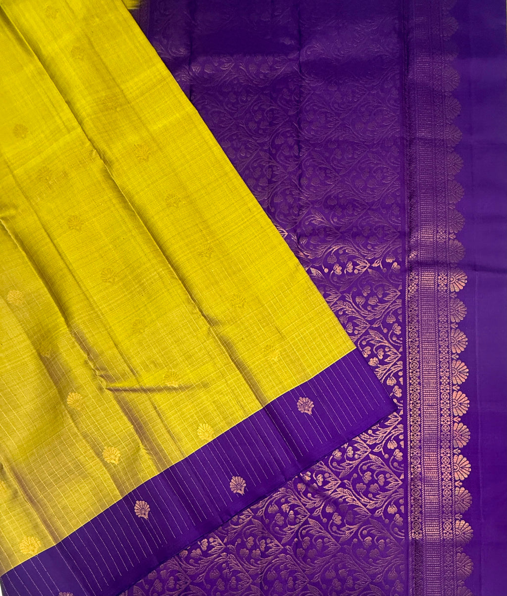 VSF1052 - yellow with green color body , violet color pallu,blouse - Pure silk saree
