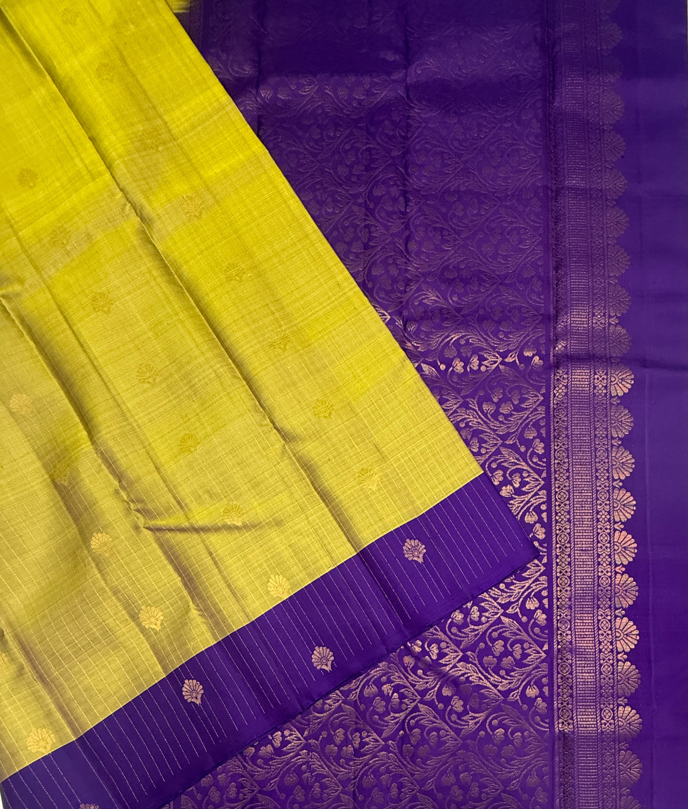 VSF1052 - yellow with green color body , violet color pallu,blouse - Pure silk saree