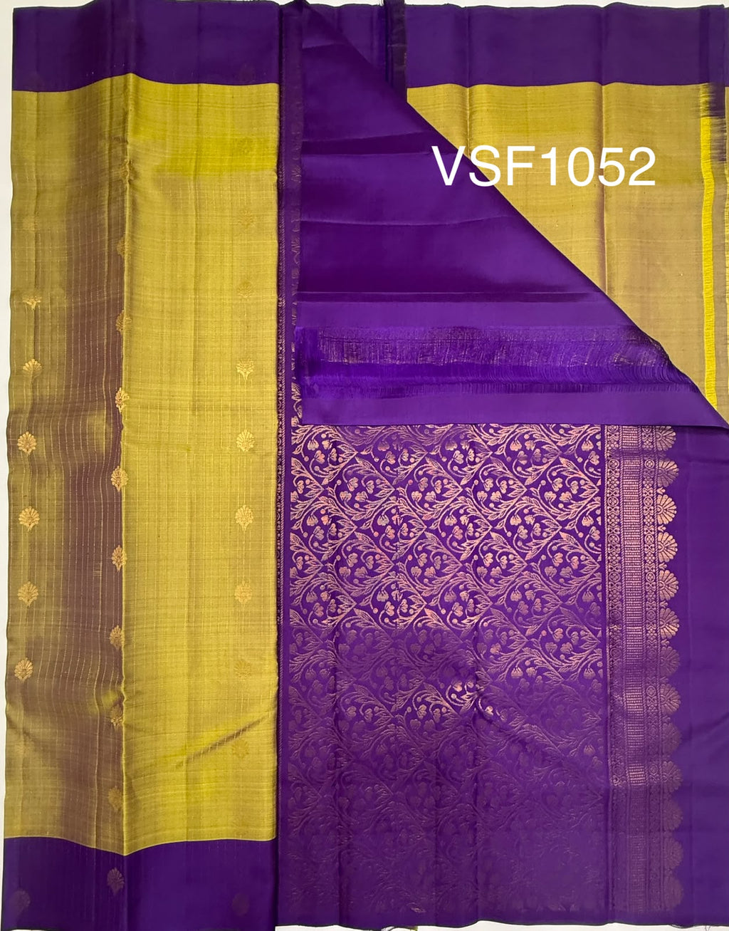 VSF1052 - yellow with green color body , violet color pallu,blouse - Pure silk saree