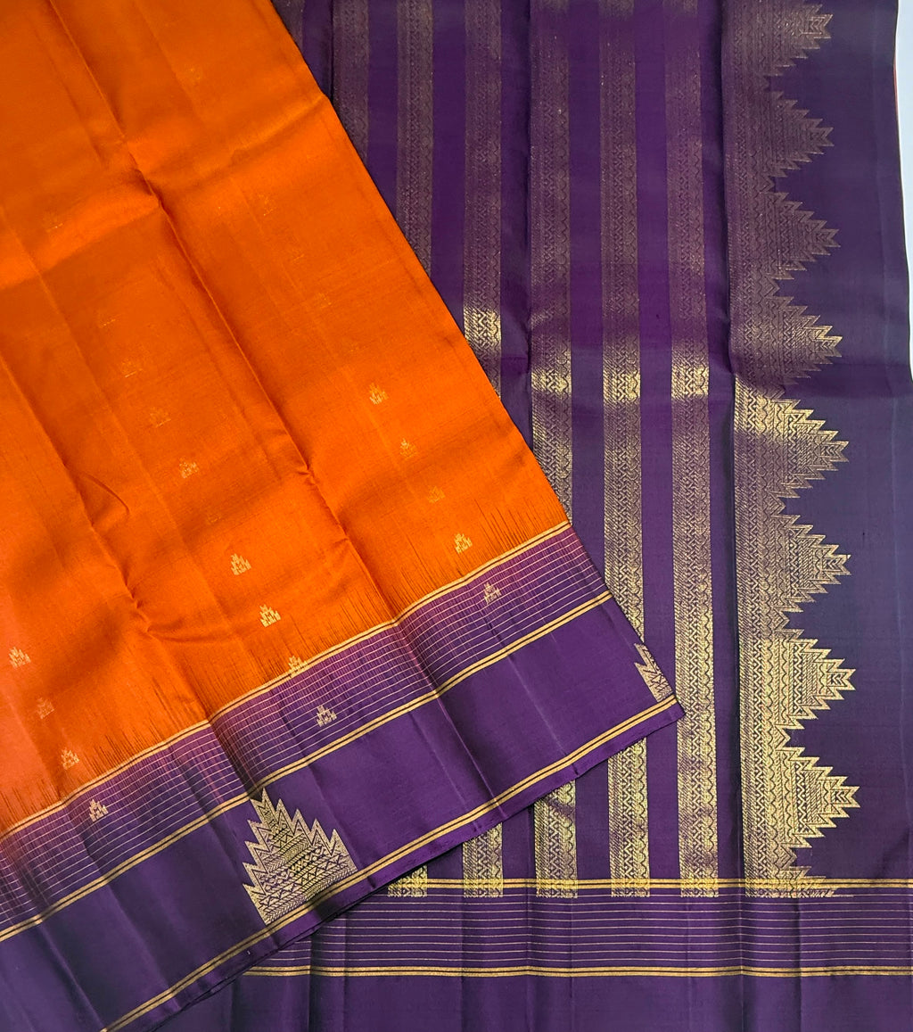 VSF1053 - rust orange color body , dark purple color pallu,blouse - Pure silk saree