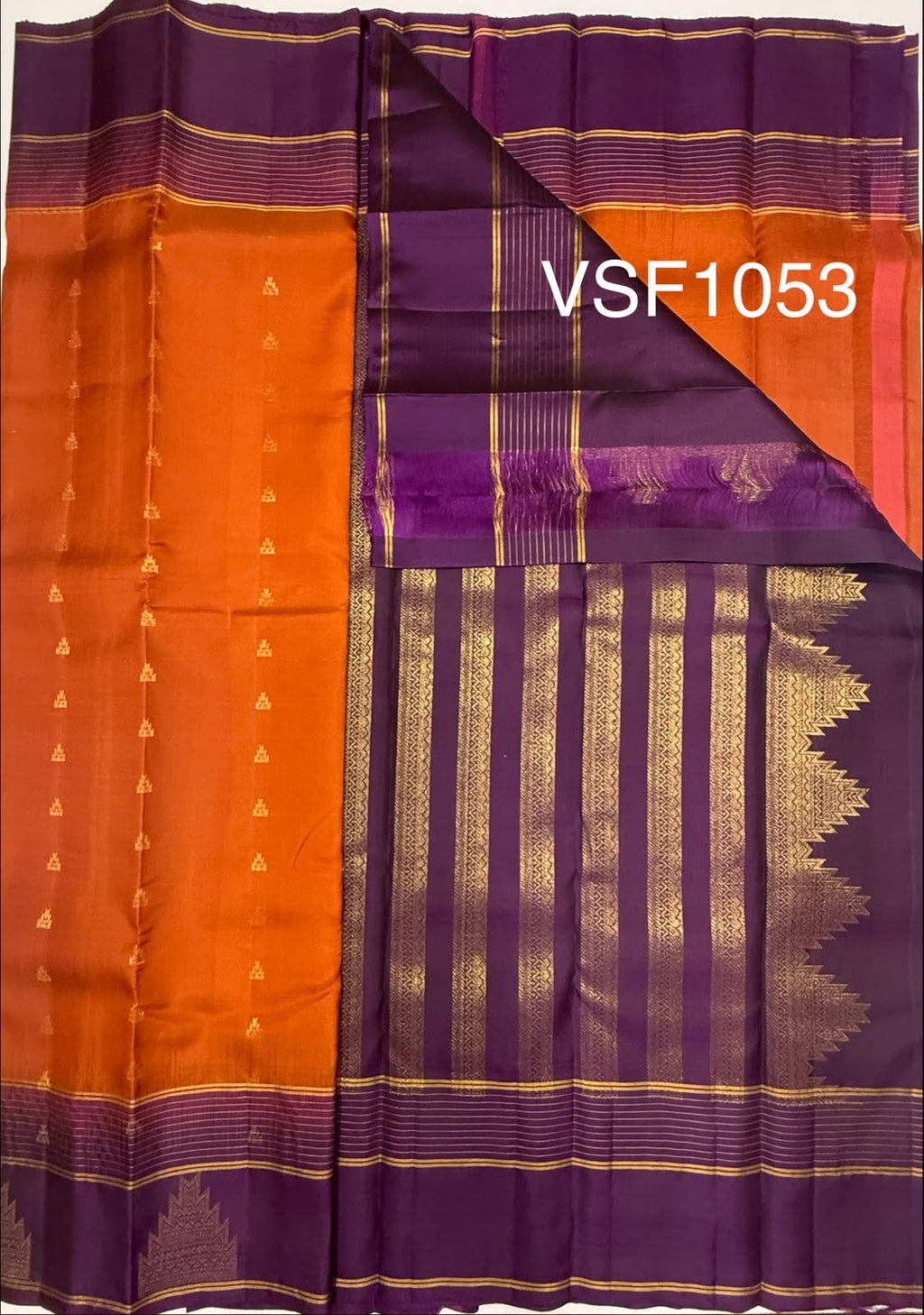 VSF1053 - rust orange color body , dark purple color pallu,blouse - Pure silk saree
