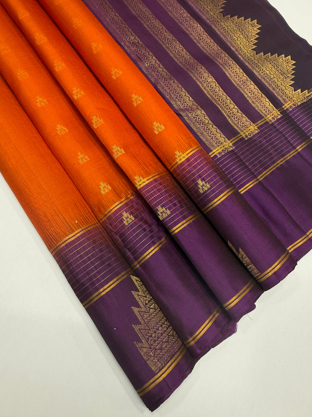 VSF1053 - rust orange color body , dark purple color pallu,blouse - Pure silk saree