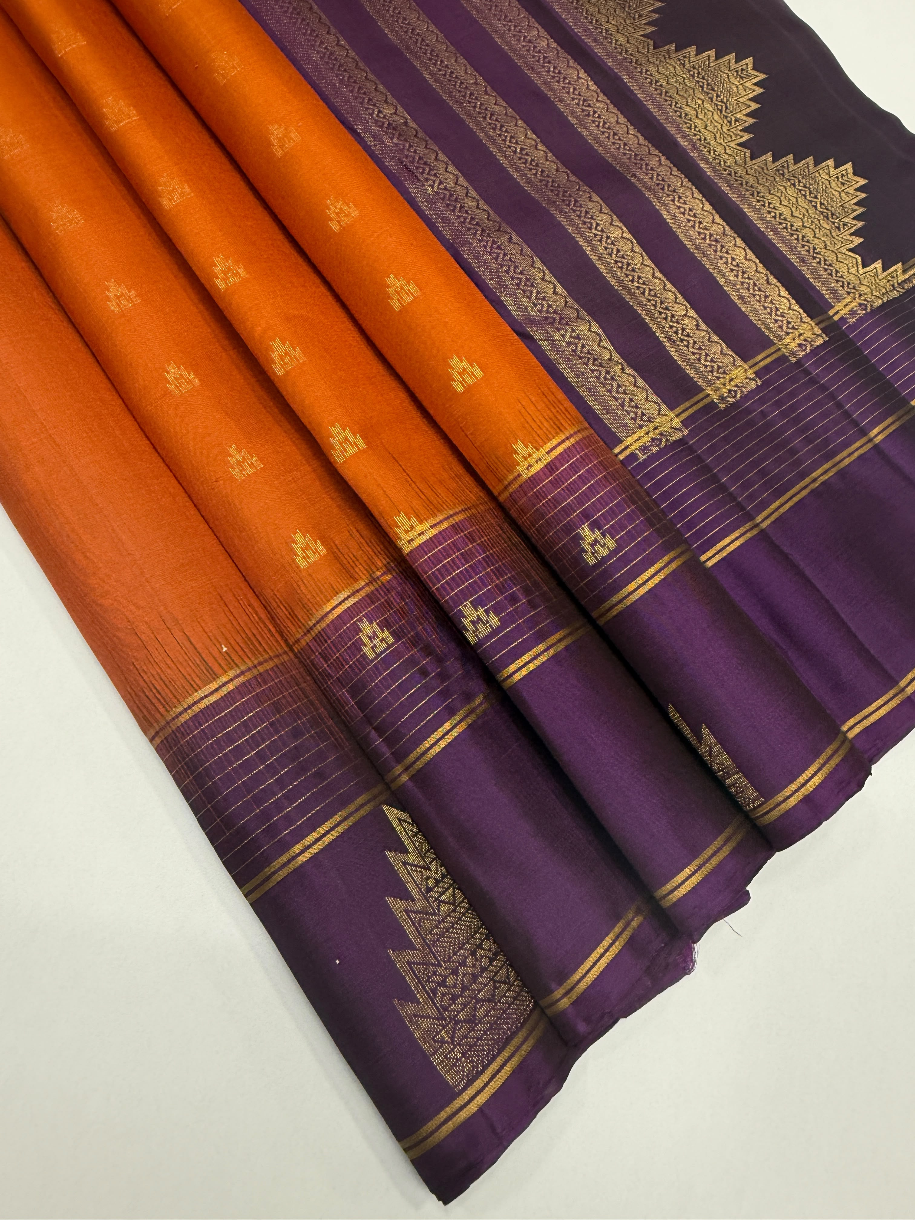 VSF1053 - rust orange color body , dark purple color pallu,blouse - Pure silk saree