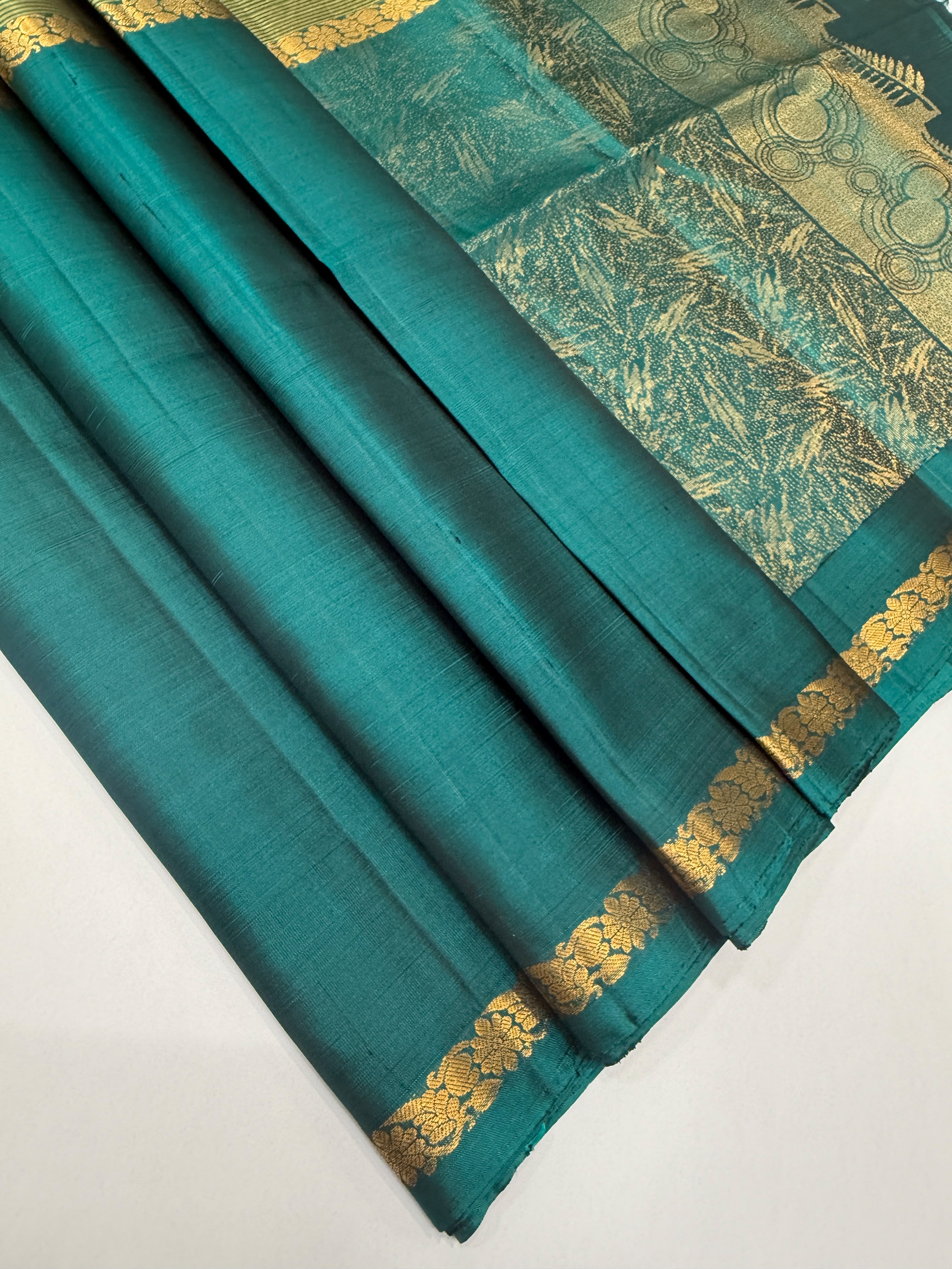 VSF1054 - peacock green color body , pallu,blouse - Pure silk saree