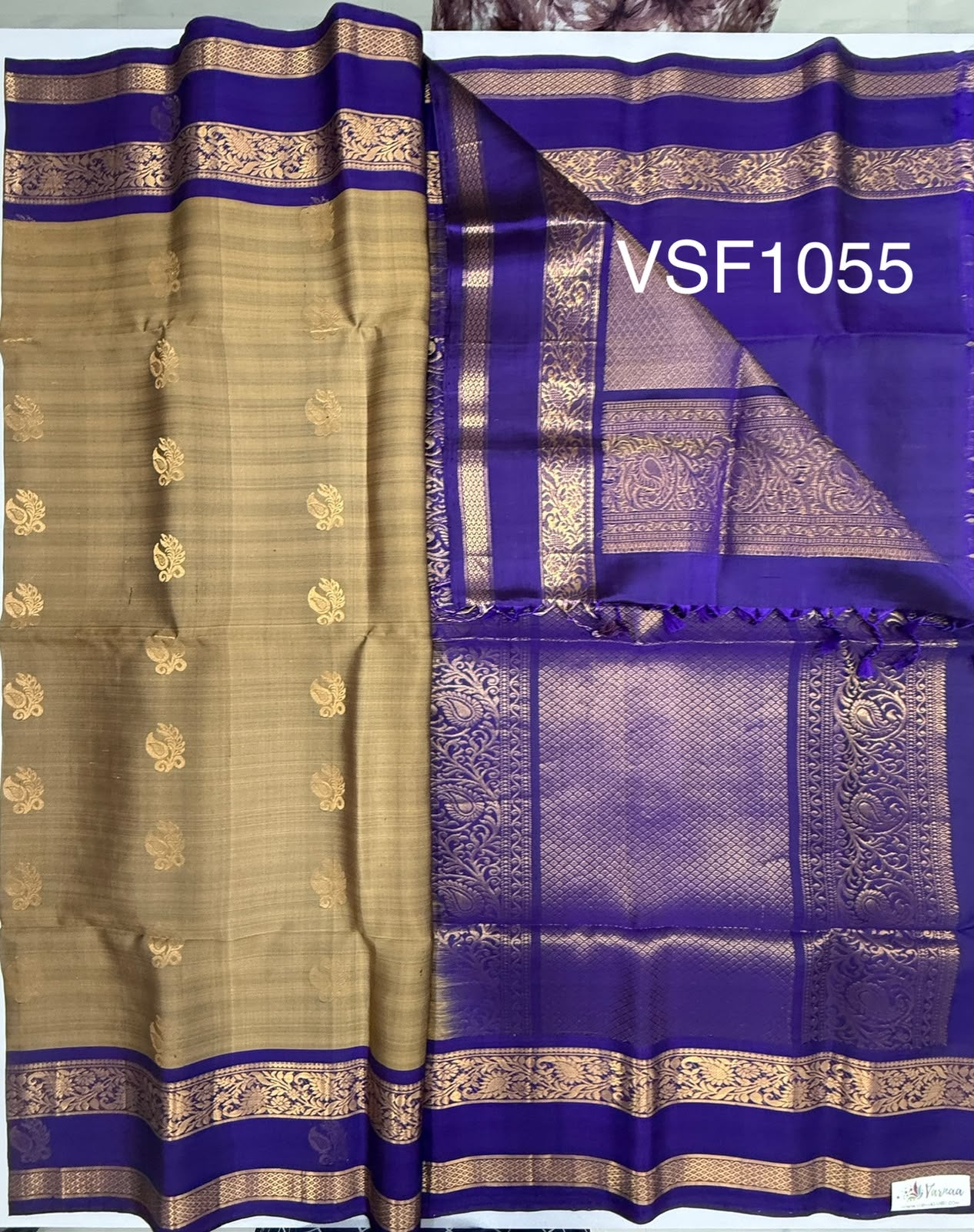 VSF1055 - khaki color body , violet color pallu,blouse - Pure silk saree