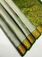 VSF1062 - grey color body , green color pallu,blouse - Pure silk saree
