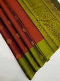 VSF1063 - rust orange color body , green color pallu,blouse - Pure silk saree
