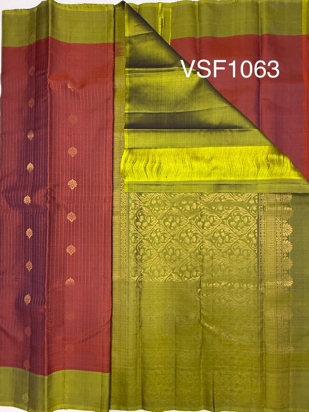 VSF1063 - rust orange color body , green color pallu,blouse - Pure silk saree