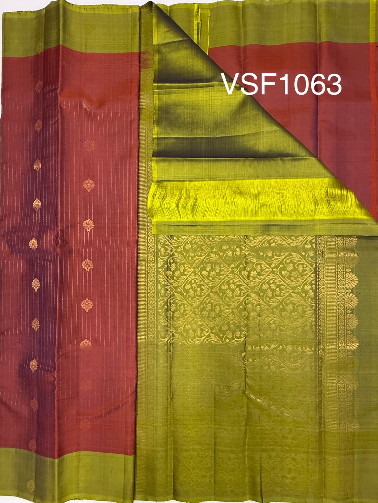 VSF1063 - rust orange color body , green color pallu,blouse - Pure silk saree