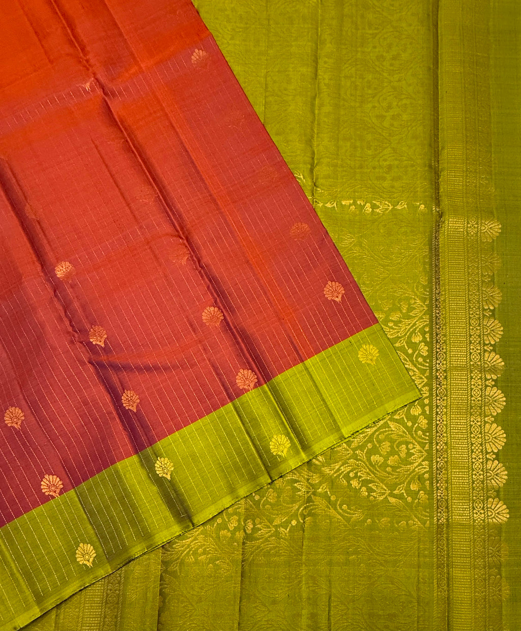 VSF1063 - rust orange color body , green color pallu,blouse - Pure silk saree