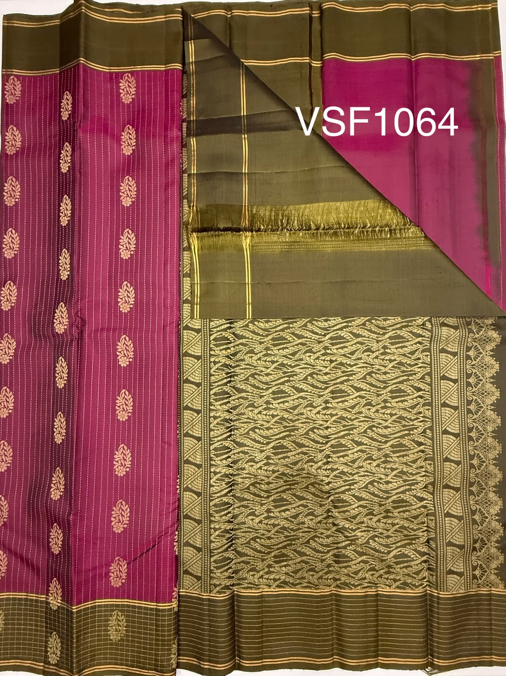 VSF1064 - purple color body , cow dung green color pallu,blouse - Pure silk saree