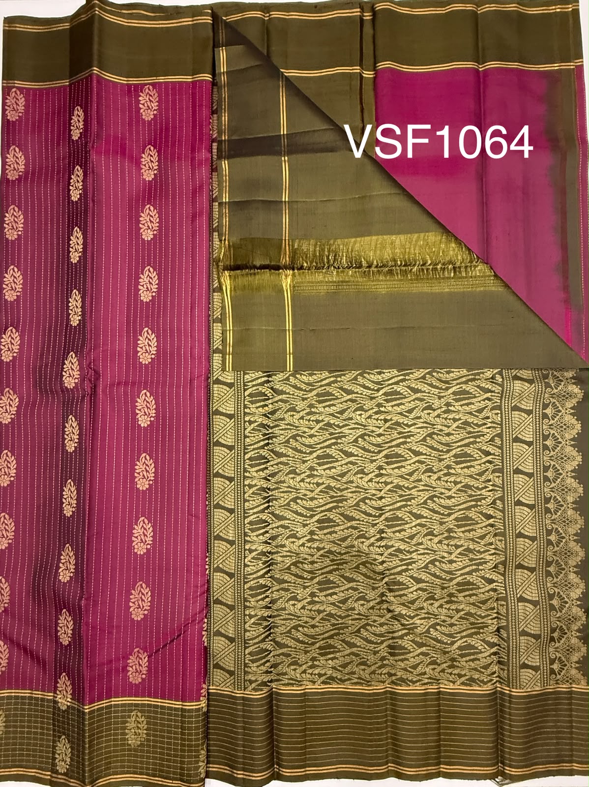 VSF1064 - purple color body , cow dung green color pallu,blouse - Pure silk saree
