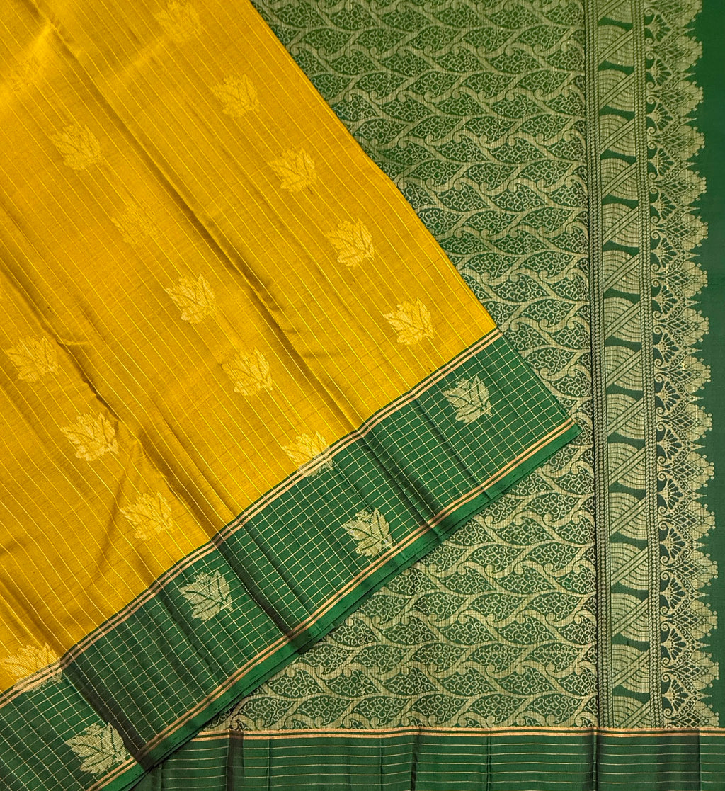 VSF1066 - mustard color body ,green color pallu,blouse - Pure silk saree