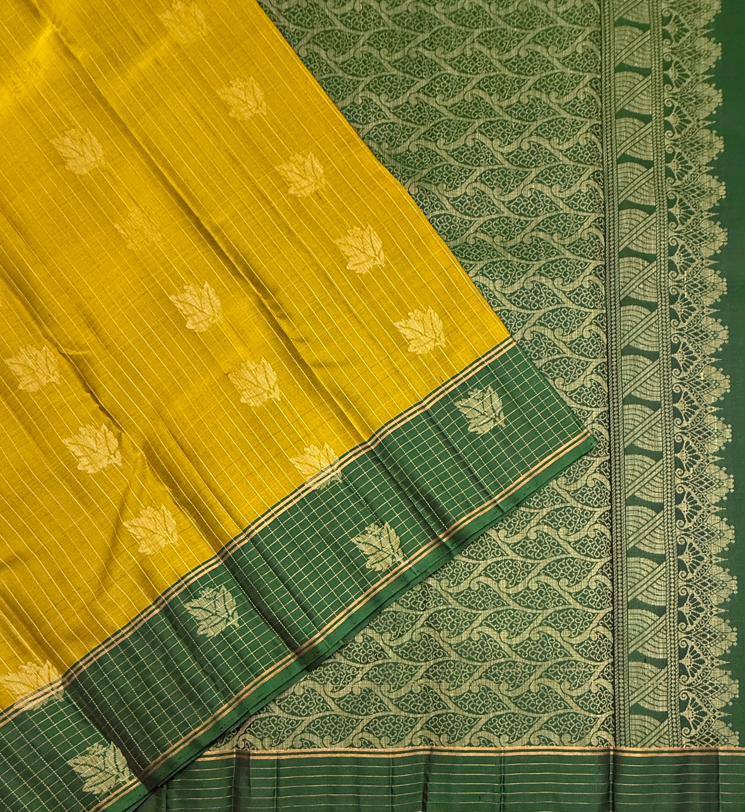 VSF1066 - mustard color body ,green color pallu,blouse - Pure silk saree