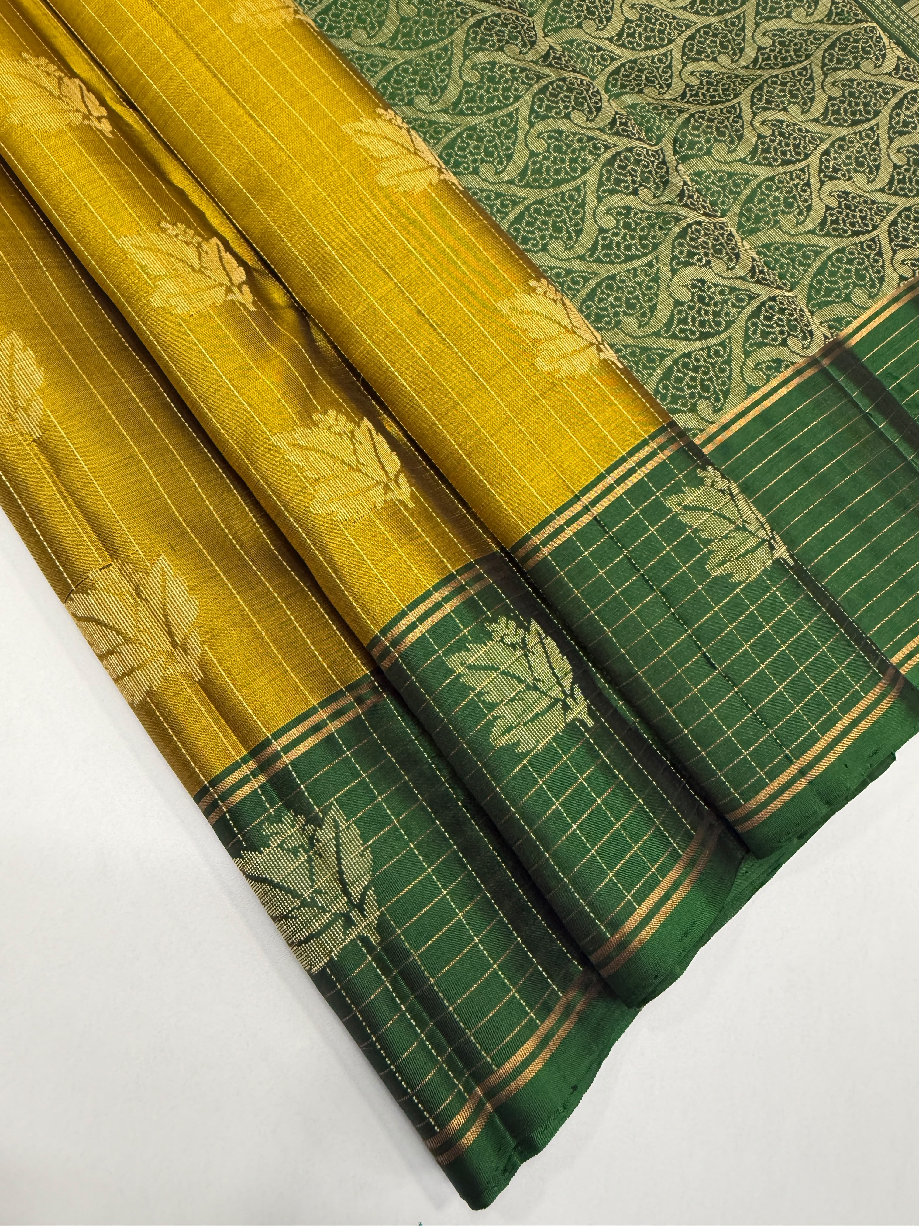 VSF1066 - mustard color body ,green color pallu,blouse - Pure silk saree
