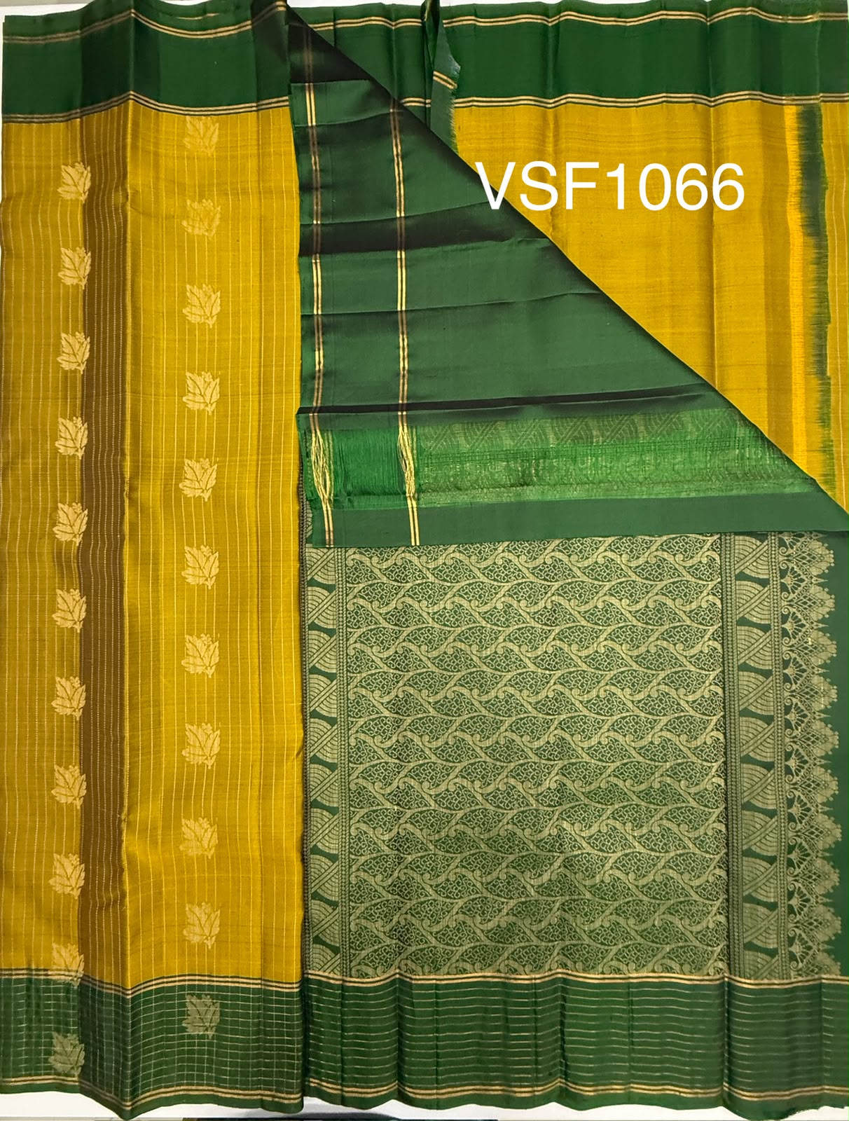 VSF1066 - mustard color body ,green color pallu,blouse - Pure silk saree