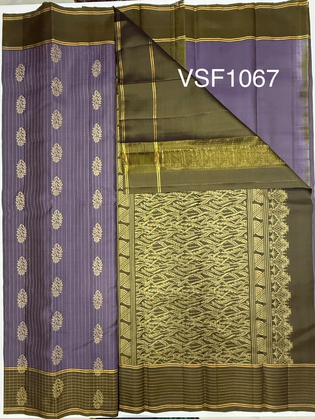 VSF1067 - lavender color body , cow dung green color pallu,blouse - Pure silk saree