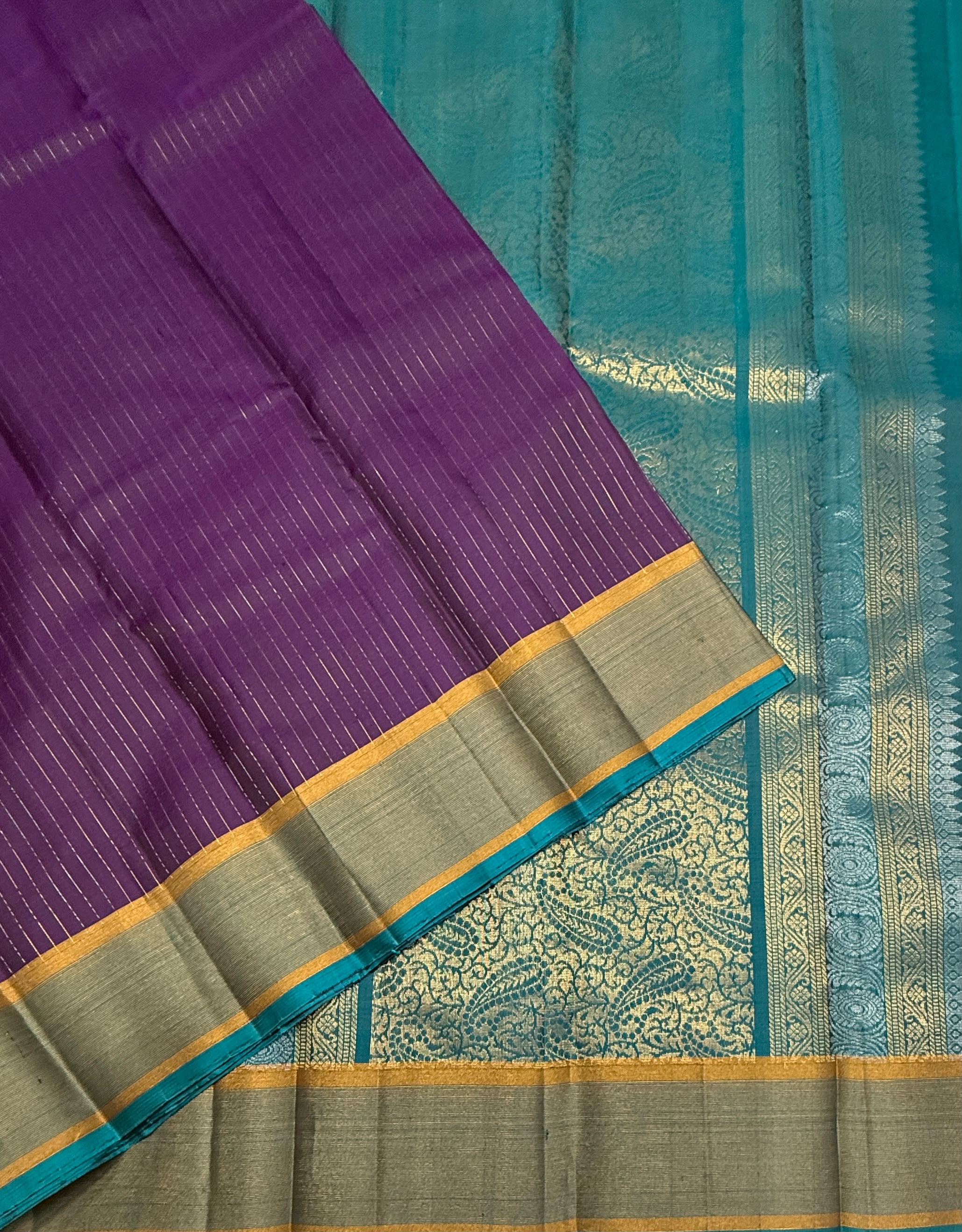 VS1076 - violet color body ,peacock blue color pallu,blouse - Pure silk saree