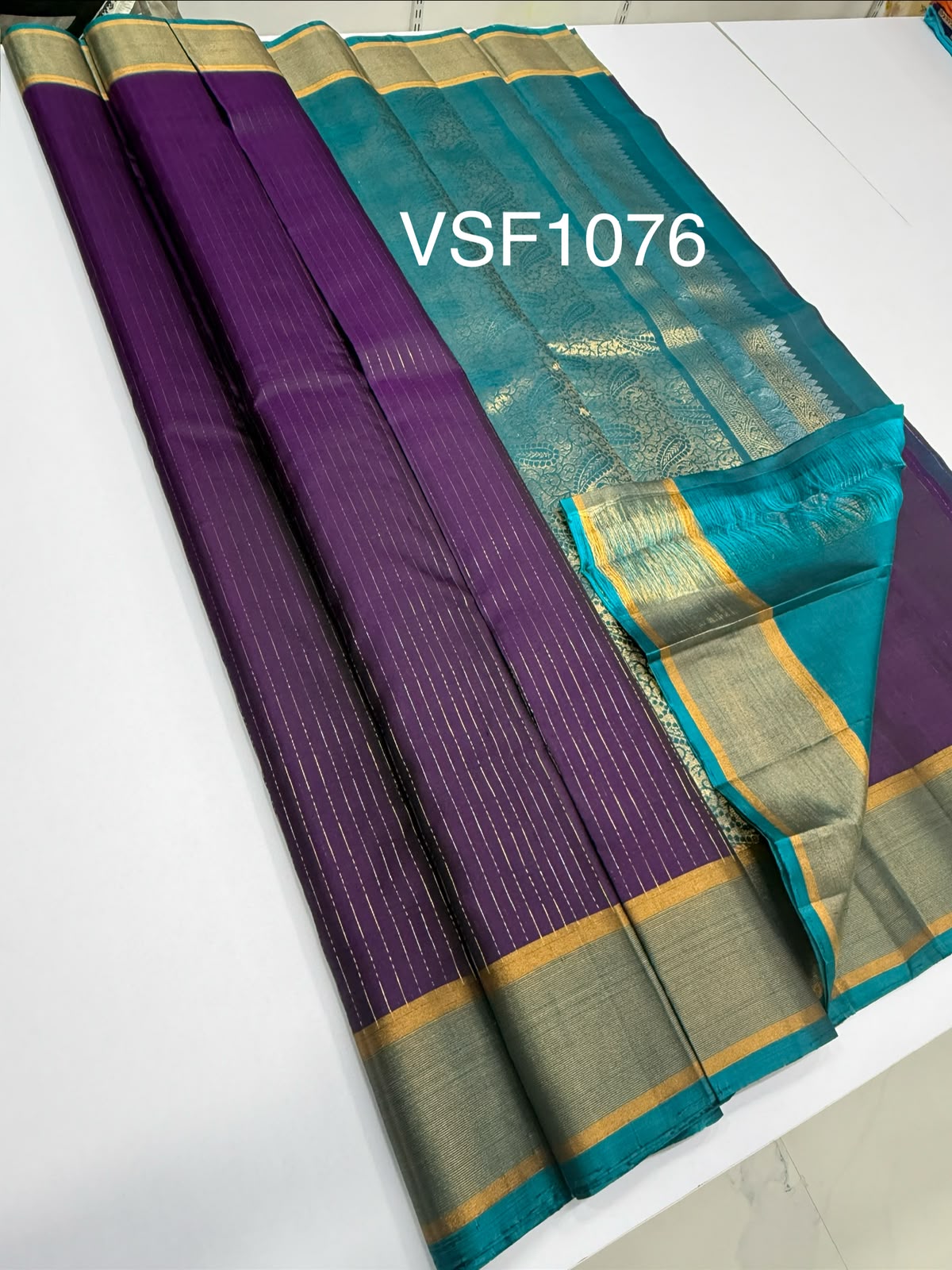 VS1076 - violet color body ,peacock blue color pallu,blouse - Pure silk saree