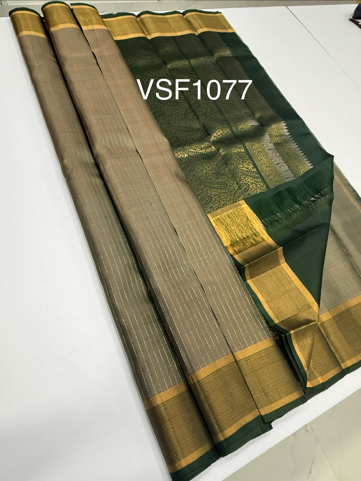 VSF1077 - beige color body , green color pallu,blouse - Pure silk saree