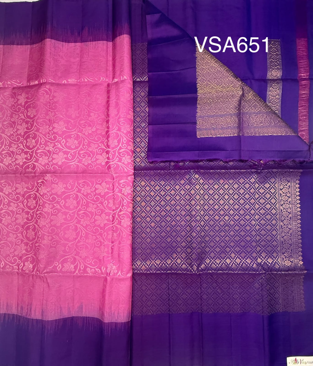 VSA651 -lotus pink color body , violet color pallu , blouse pure silk saree