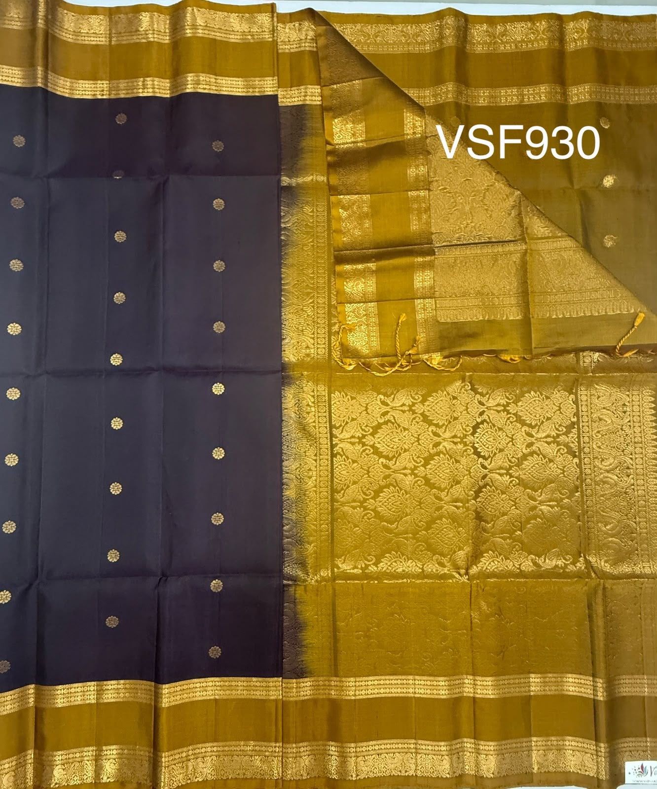 VSF930 - dark purple color body , mustard color pallu,blouse - Pure silk saree