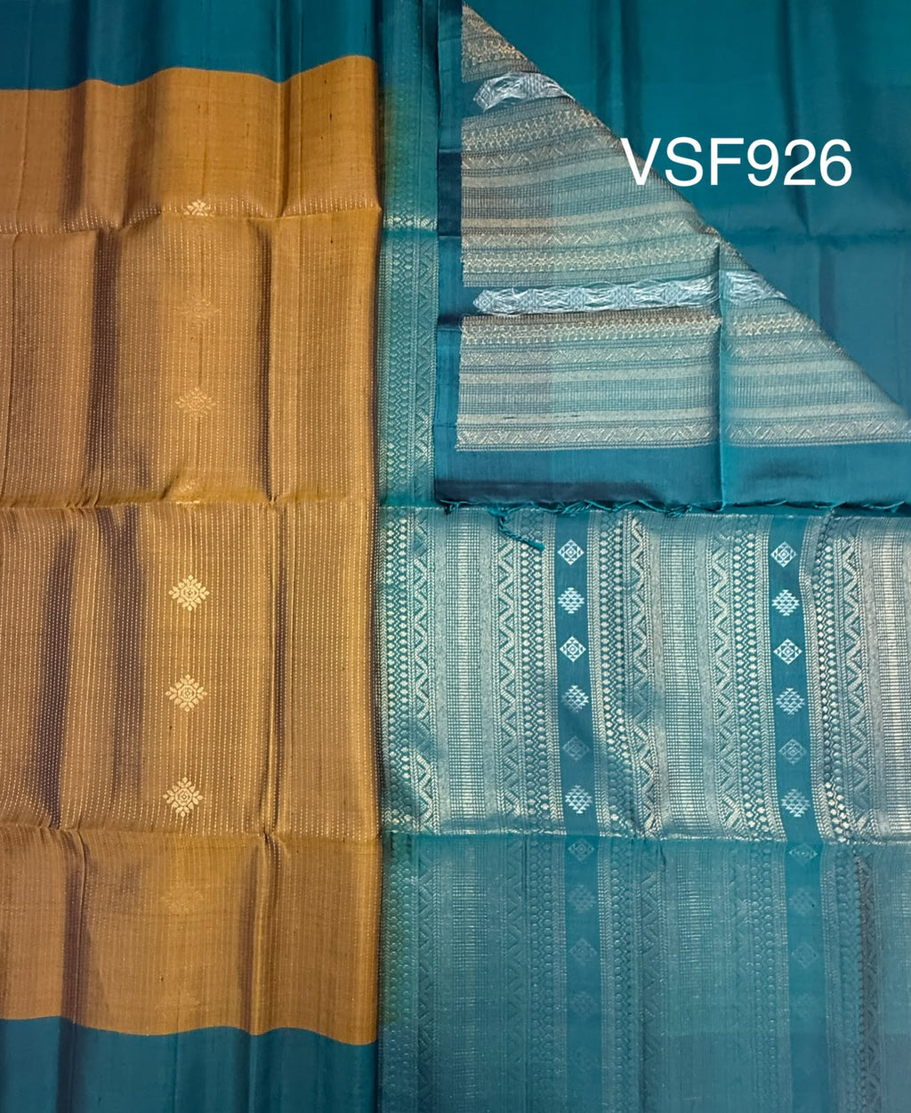VSF926 - honey brown color body , peacock blue color pallu,blouse - Pure silk saree