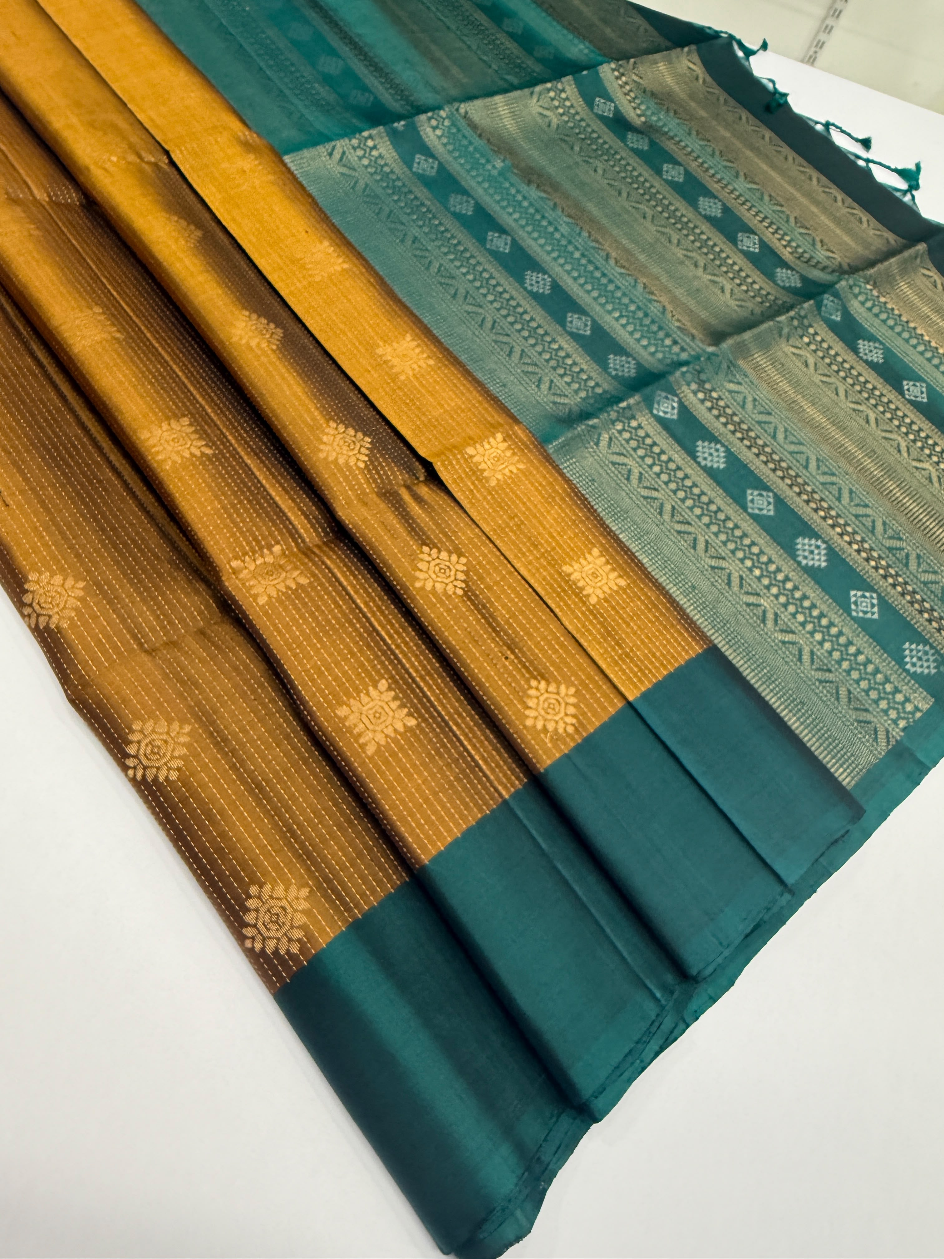 VSF926 - honey brown color body , peacock blue color pallu,blouse - Pure silk saree
