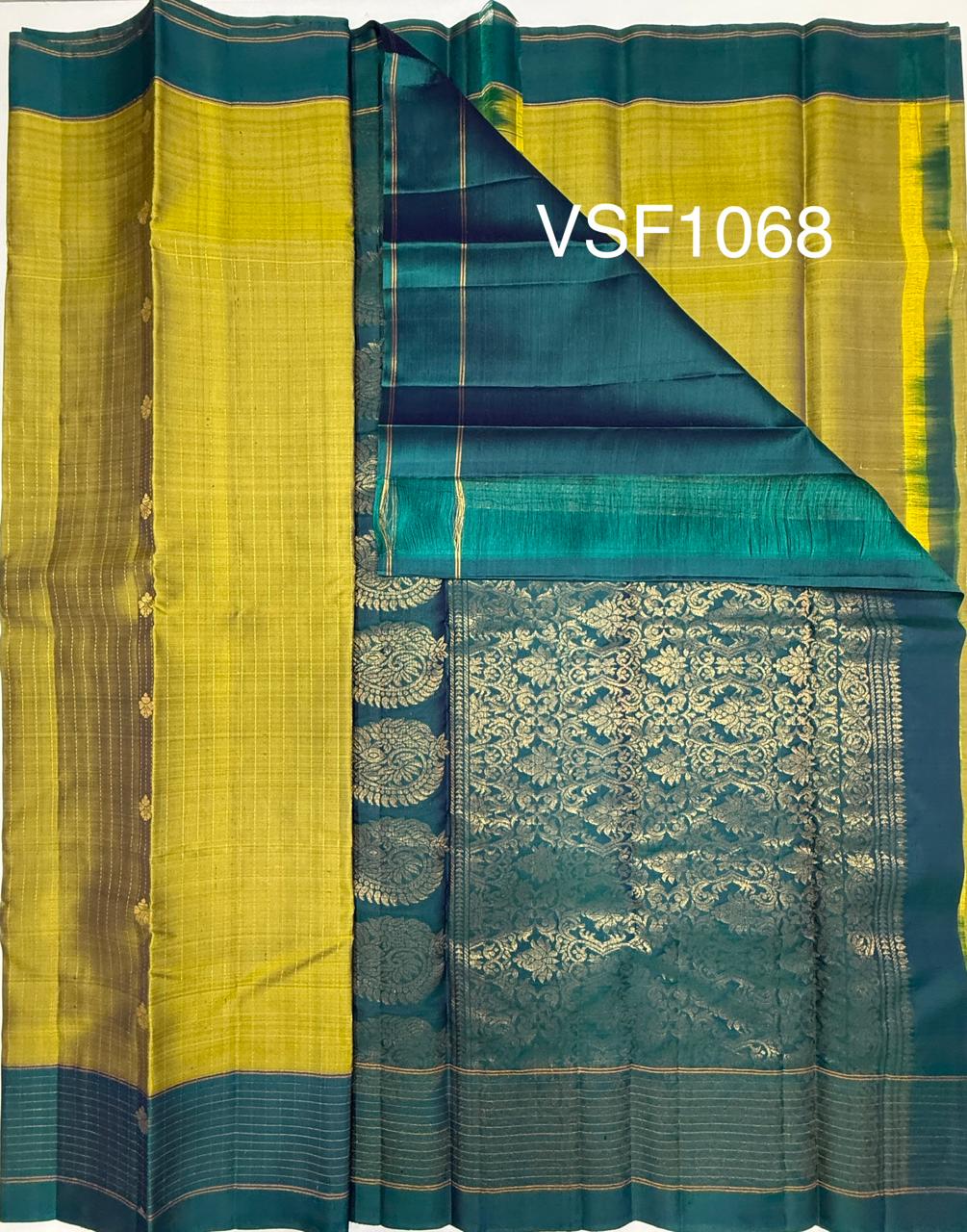 VSF1068 - yellow with green color body , peacock blue color pallu,blouse - Pure silk saree
