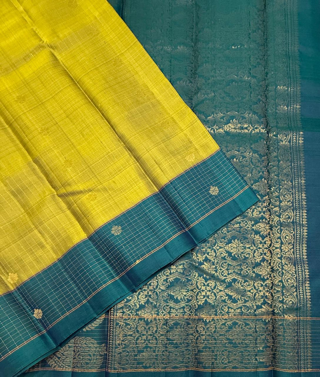 VSF1068 - yellow with green color body , peacock blue color pallu,blouse - Pure silk saree