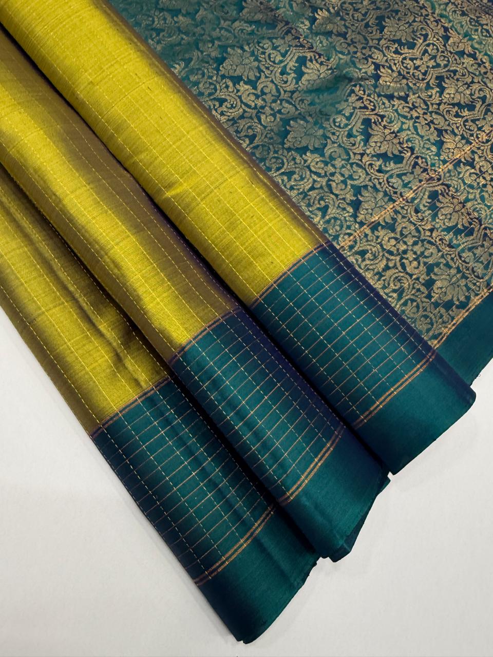 VSF1068 - yellow with green color body , peacock blue color pallu,blouse - Pure silk saree