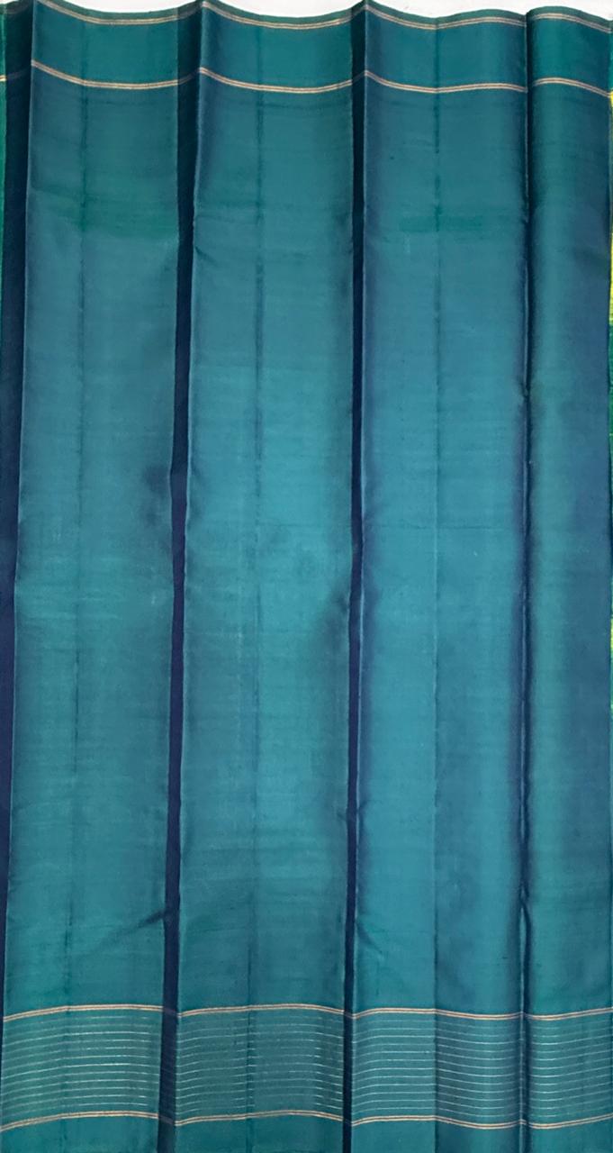 VSF1068 - yellow with green color body , peacock blue color pallu,blouse - Pure silk saree