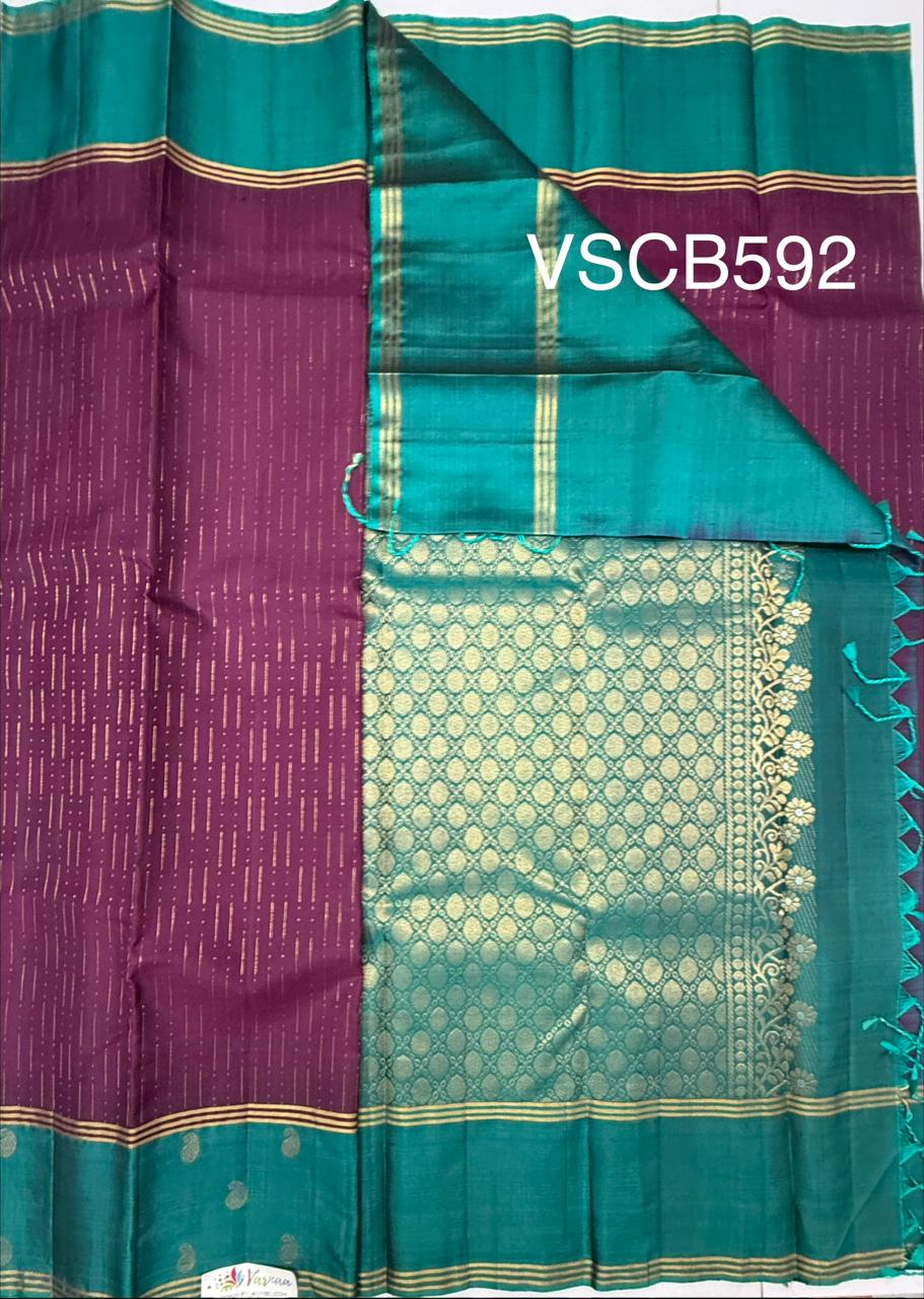 VSCB592 - purple color body , peacock blue color pallu , blouse - Pure silk saree