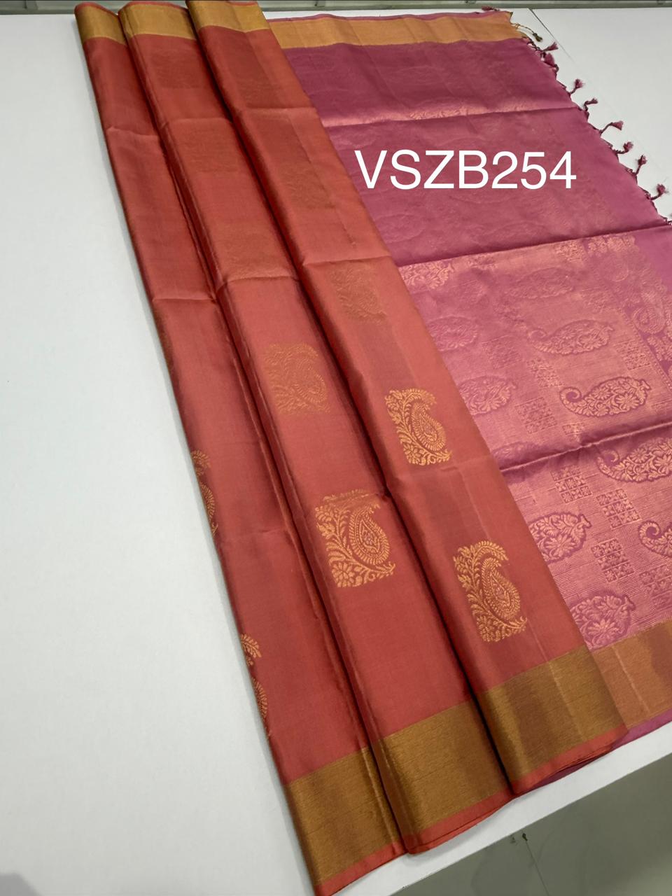 VSZB254 - peach color body , pink color pallu , blouse - Pure silk saree