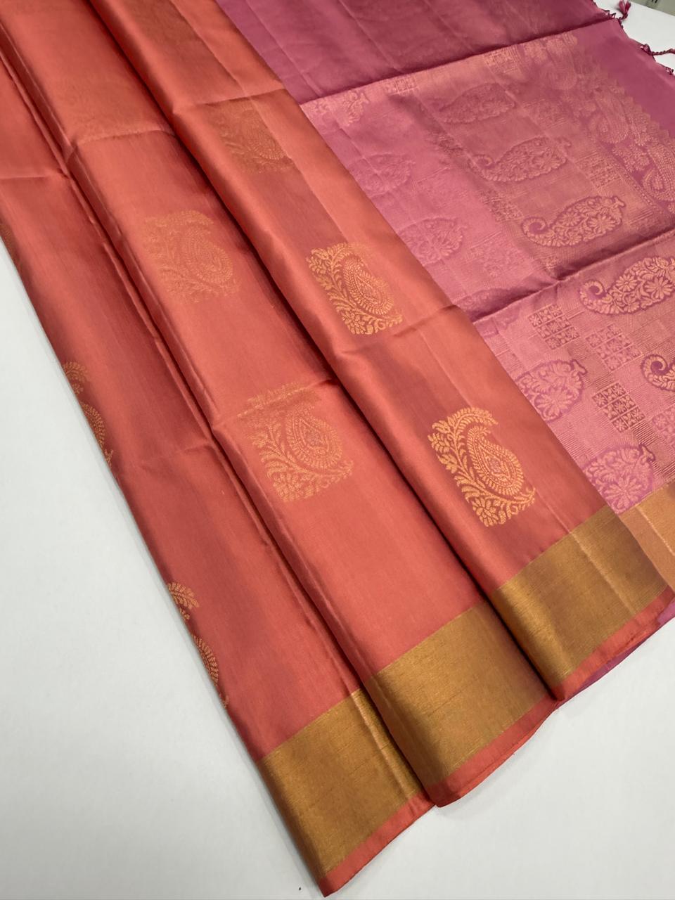 VSZB254 - peach color body , pink color pallu , blouse - Pure silk saree