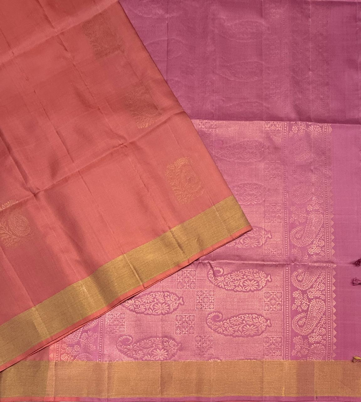 VSZB254 - peach color body , pink color pallu , blouse - Pure silk saree