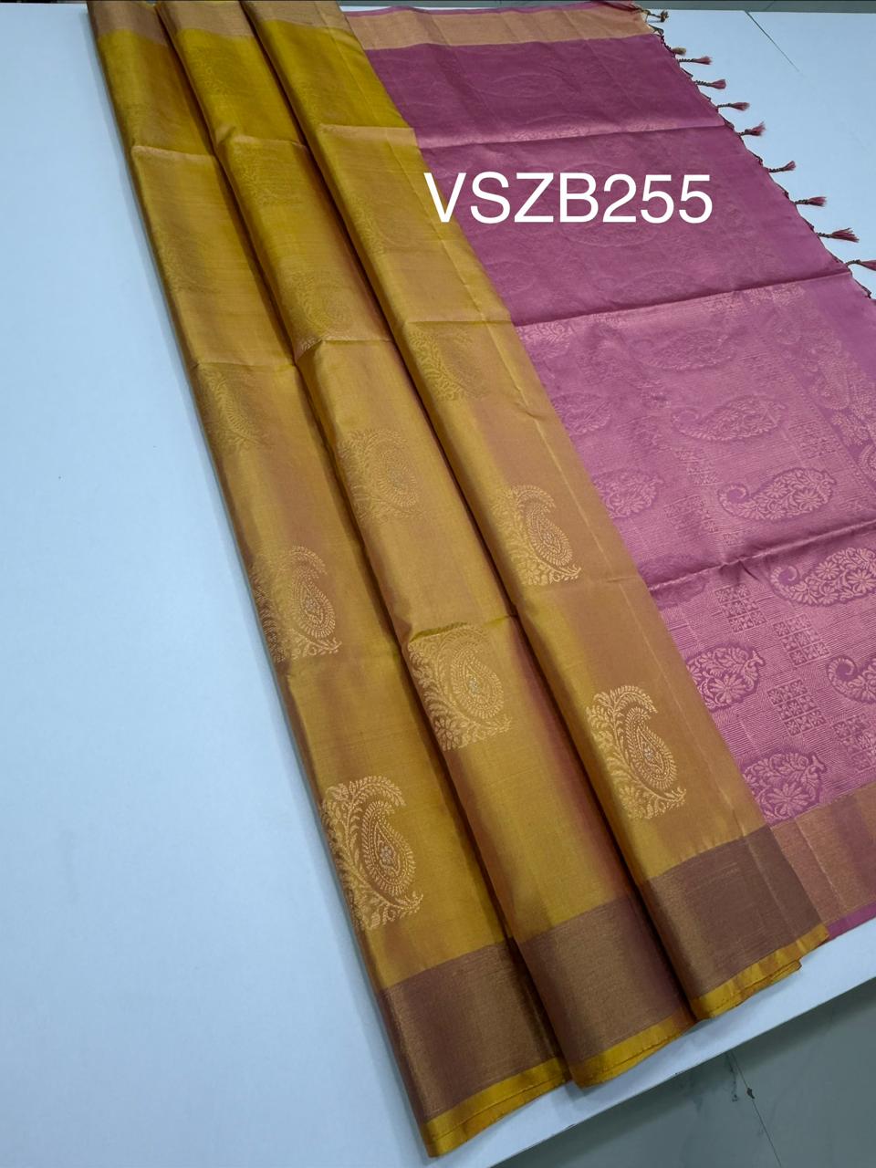 VSZB255 -dual yellow color body , pink color pallu , blouse - Pure silk saree