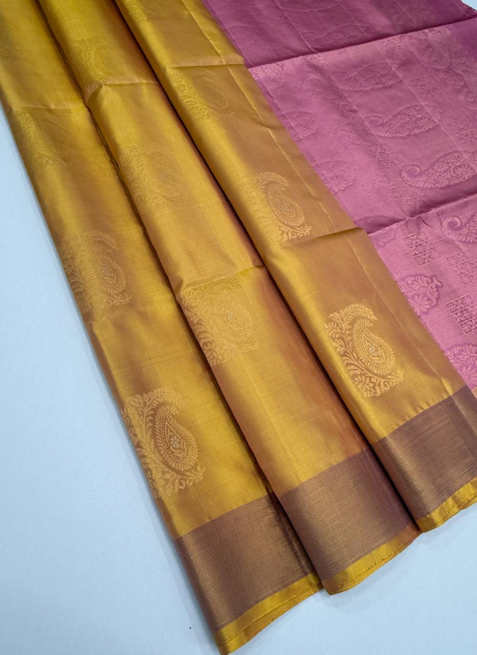 VSZB255 -dual yellow color body , pink color pallu , blouse - Pure silk saree