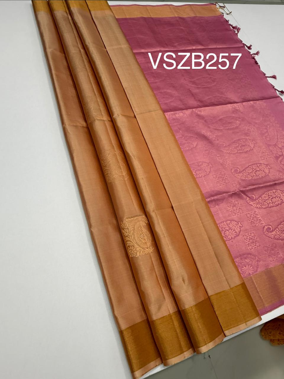 VSZB257 - light peach color body , pink color pallu , blouse - Pure silk saree