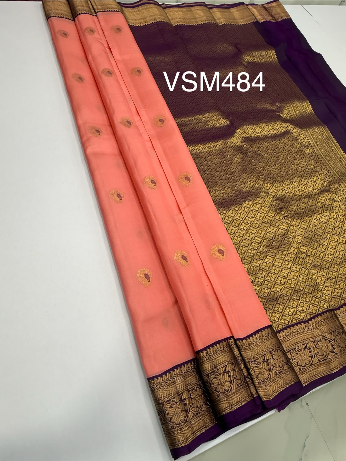 VSM484 - peach color body, dark violet color pallu , blouse.