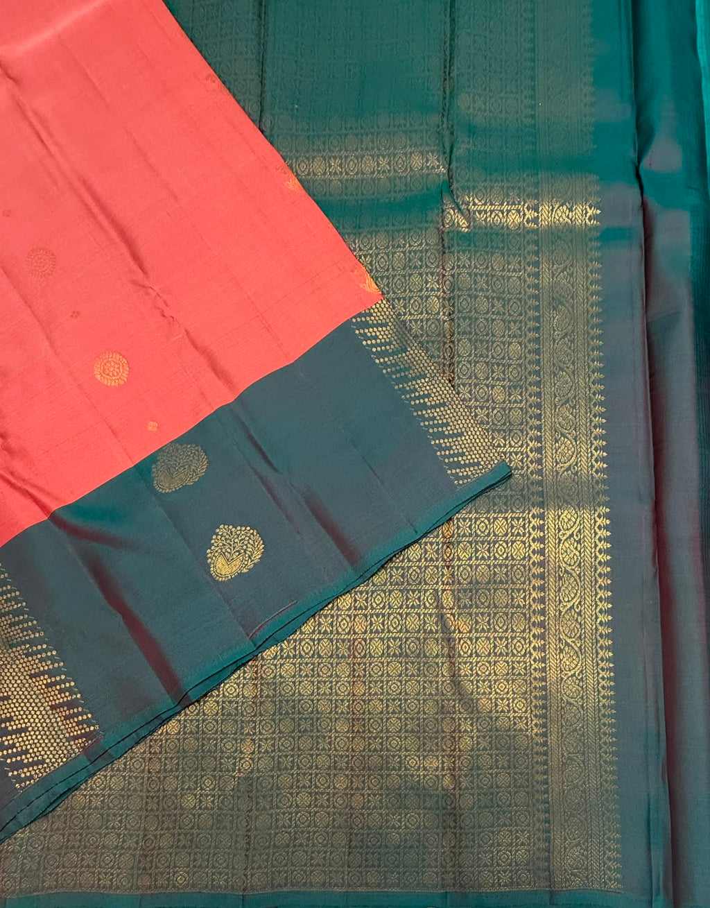 VSM461 - dark peach color body, peacock green color pallu , blouse.