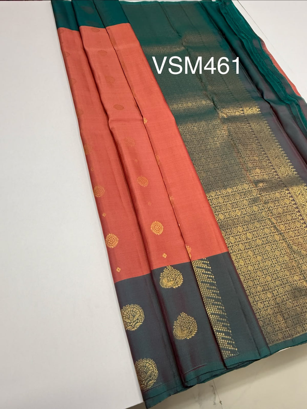 VSM461 - dark peach color body, peacock green color pallu , blouse.