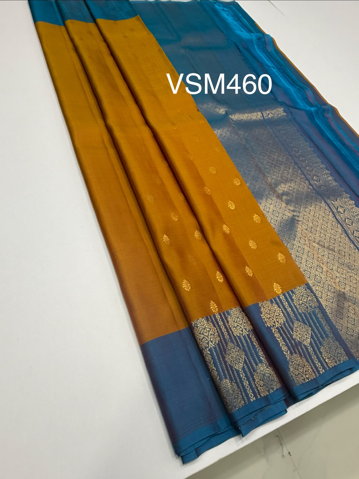 VSM460 - mustard color body, blue color pallu , blouse.