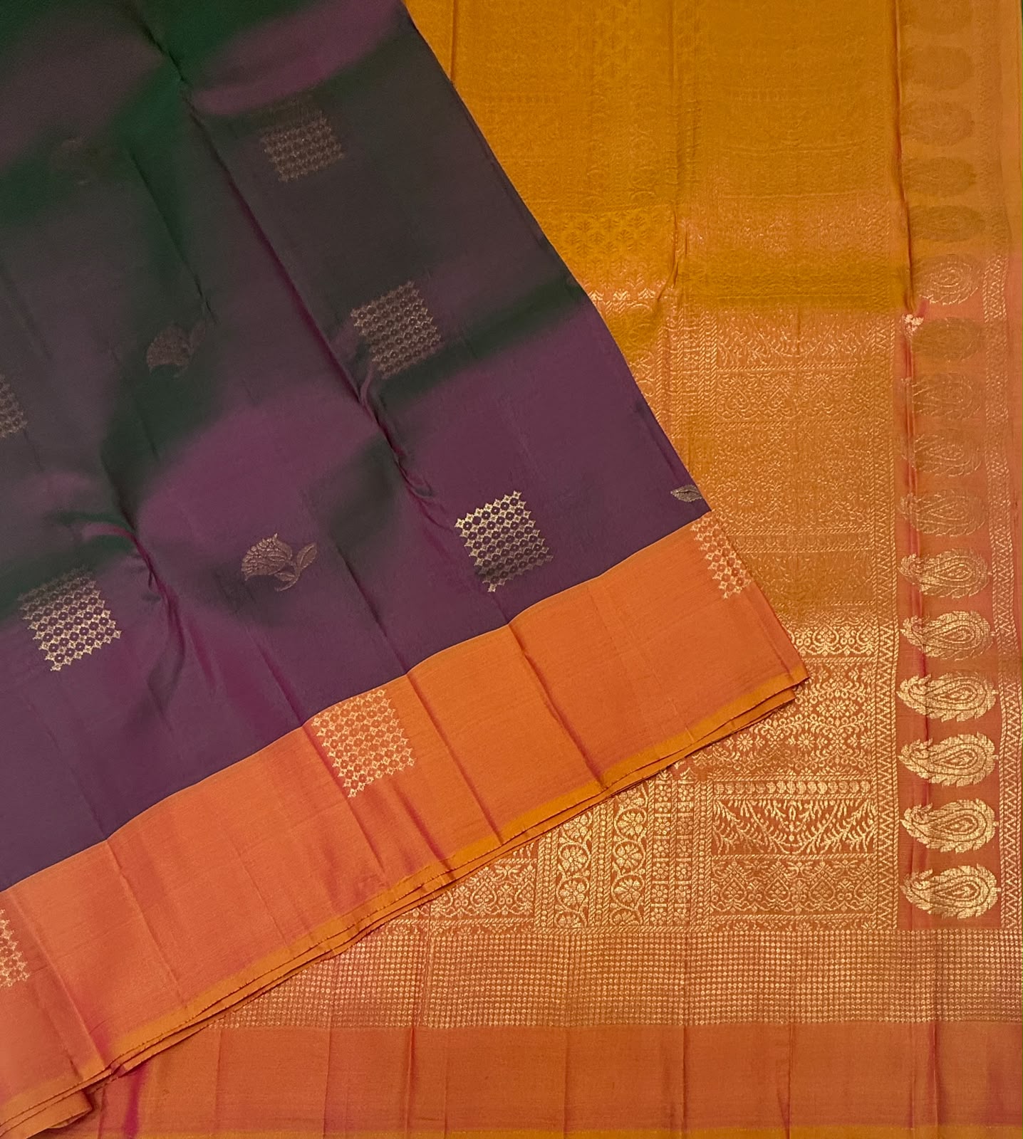 VSM451 - green with pink color body, orange with pink color pallu , blouse.