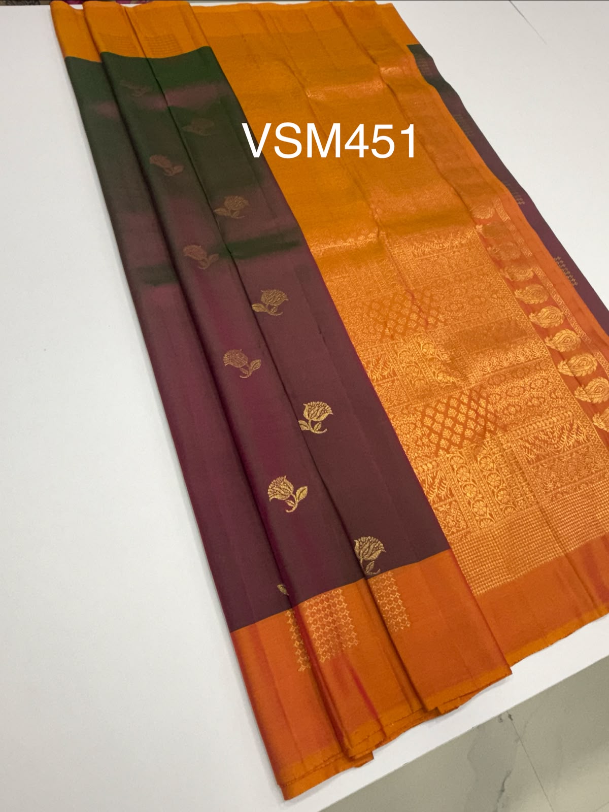 VSM451 - green with pink color body, orange with pink color pallu , blouse.